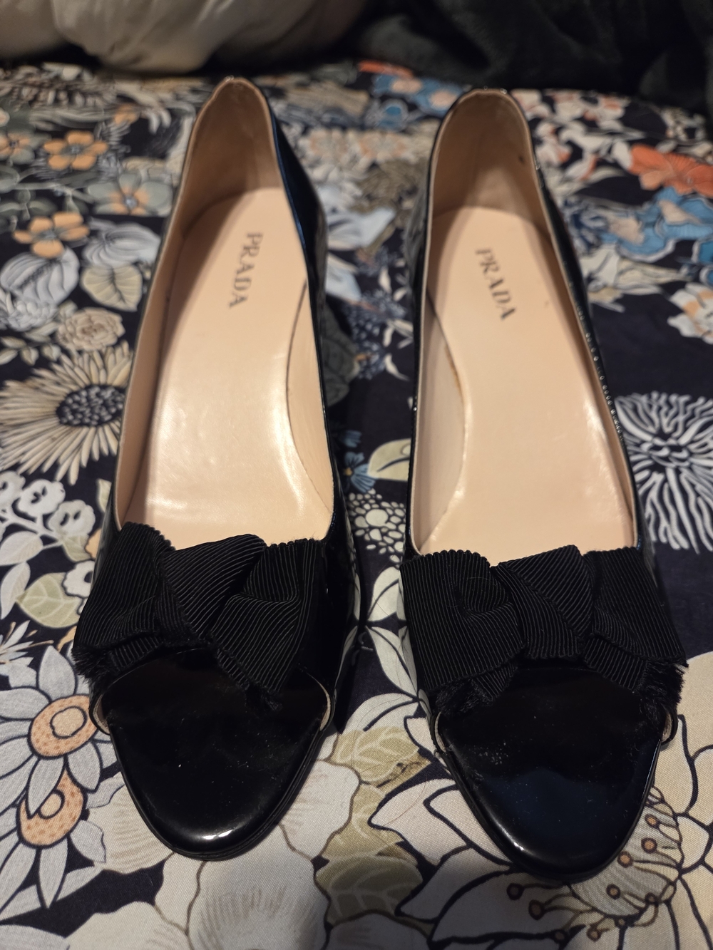 Prada Black Patent Leather Bow Peep-Toe Heels